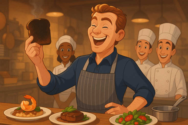 Chef holding a piece of burned toast, with others in the kitchen responding to the human error.