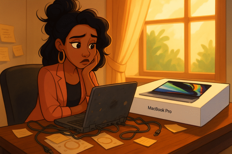 Divestiture aversion - woman using an old, slow laptop while a new one sits nearby in then box