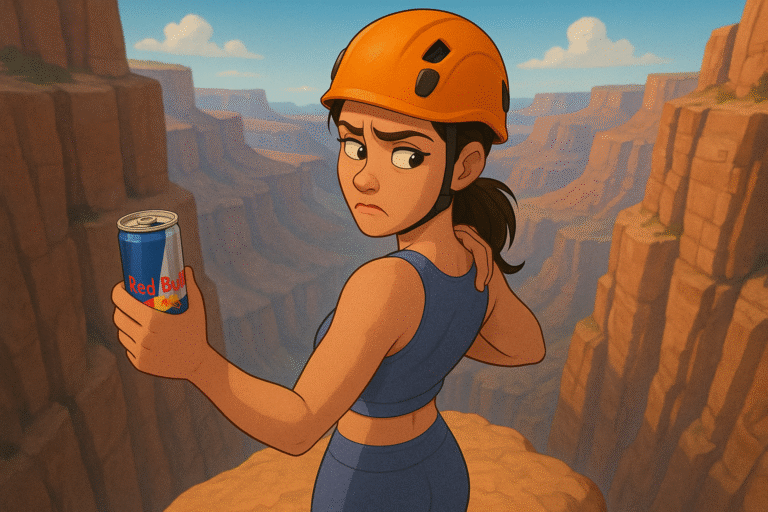 Woman on a cliff drinking a Red Bull, disappointed not to have grown wings